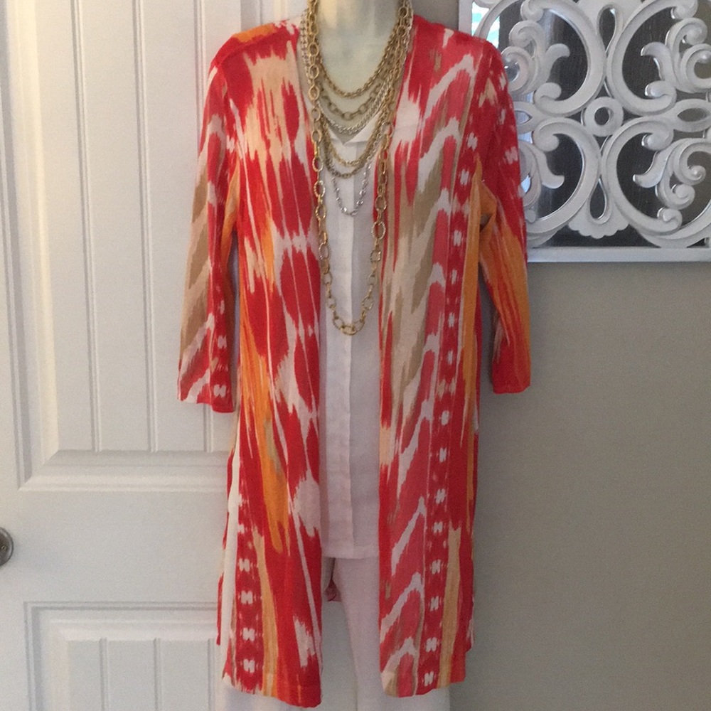 Chico's Orange Red Cream Open-Front Cardigan Sweater